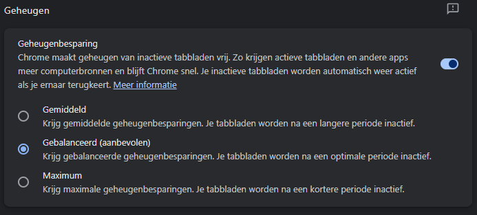 Geheugenbesparing Google Chrome