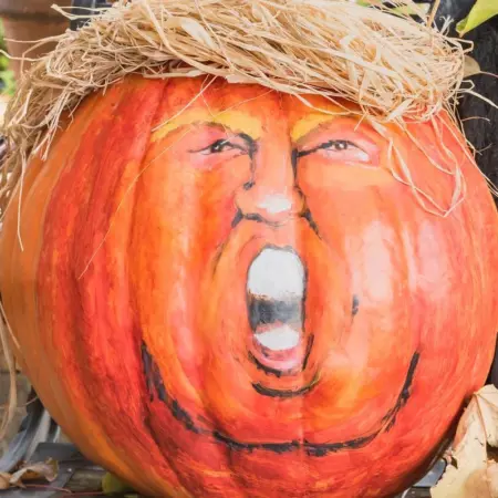 Halloween pumpkin decorated to look like President Donald Trump