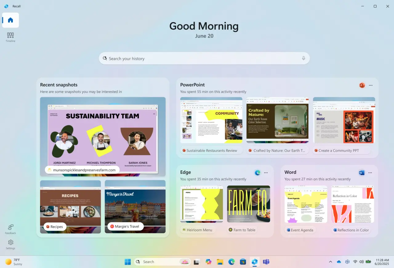 Windows Recall homepage
