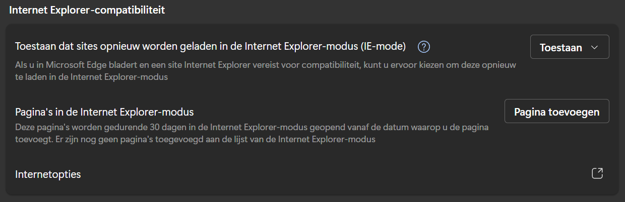 Microsoft Edge IE-mode instellingen