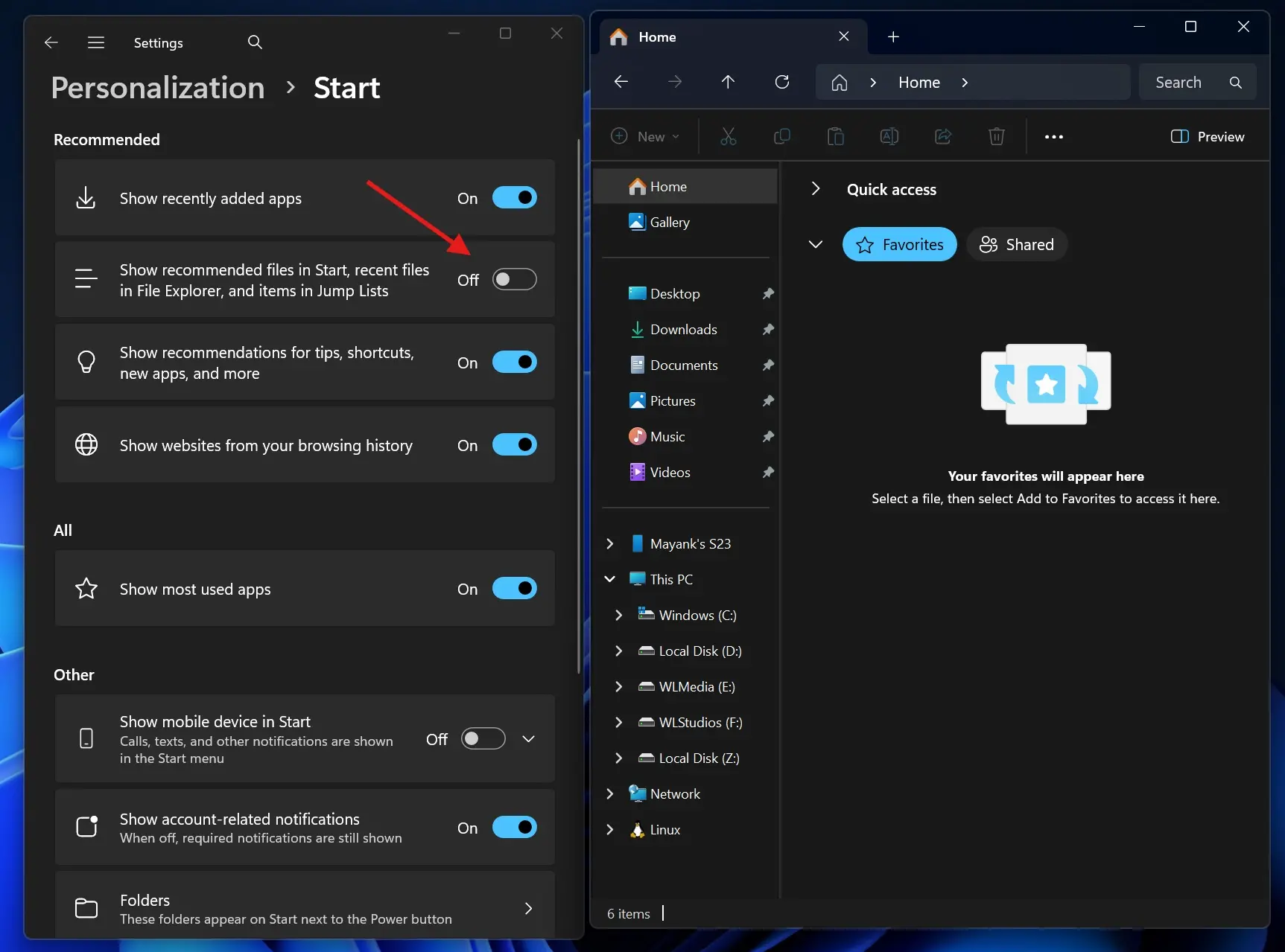Windows 11 Verkenner recente items