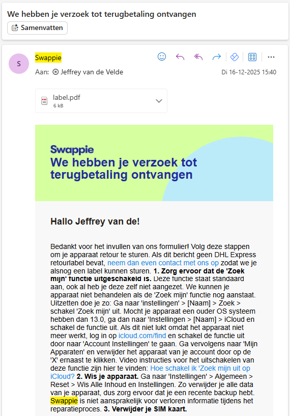 Swappie retourproces