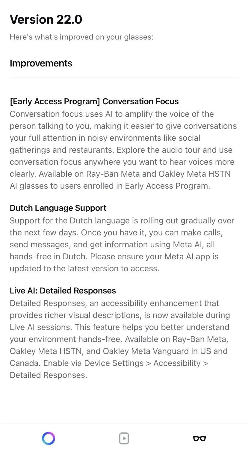 Updatelog voor Meta AR-brillen